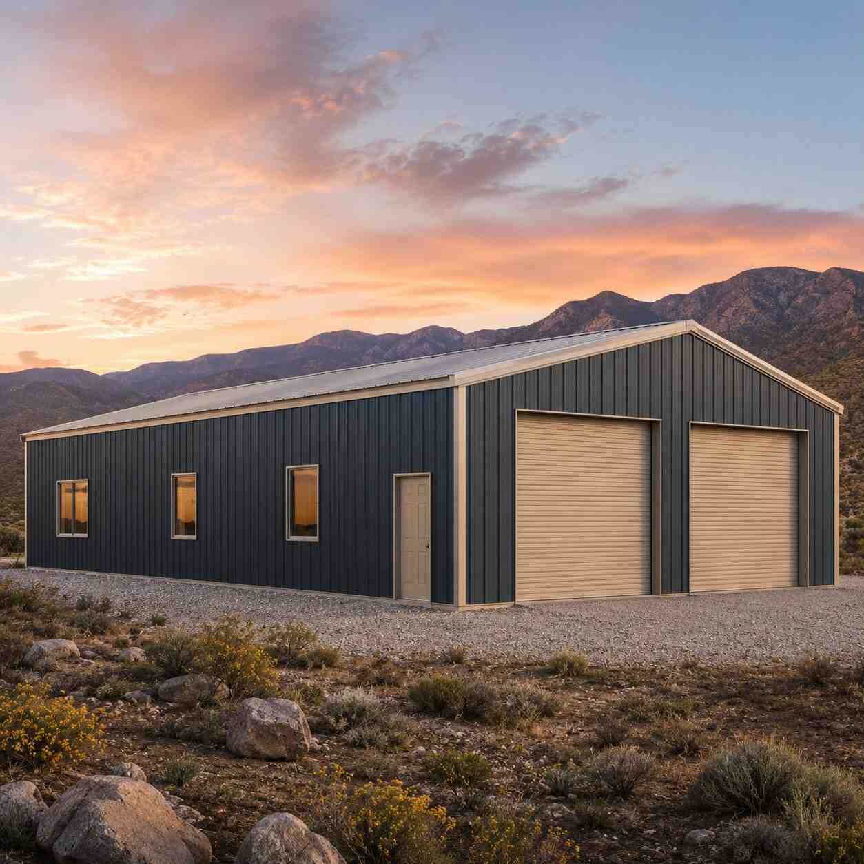 Charcoal metal workshop with two tan roll-up doors in a desert valley at sunset
