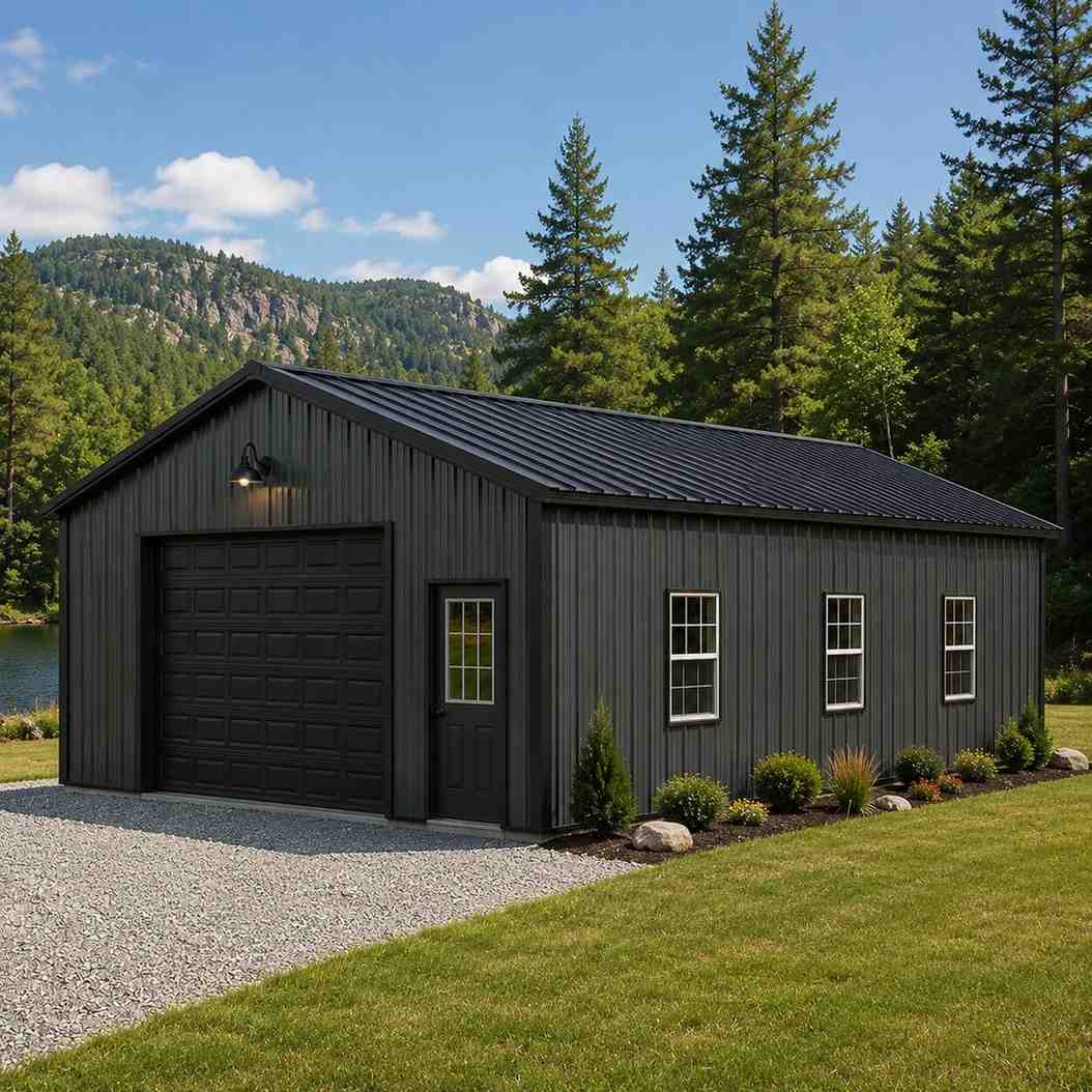 Green metal building equipment shed with open white roll-up door and John Deere zero turn mower