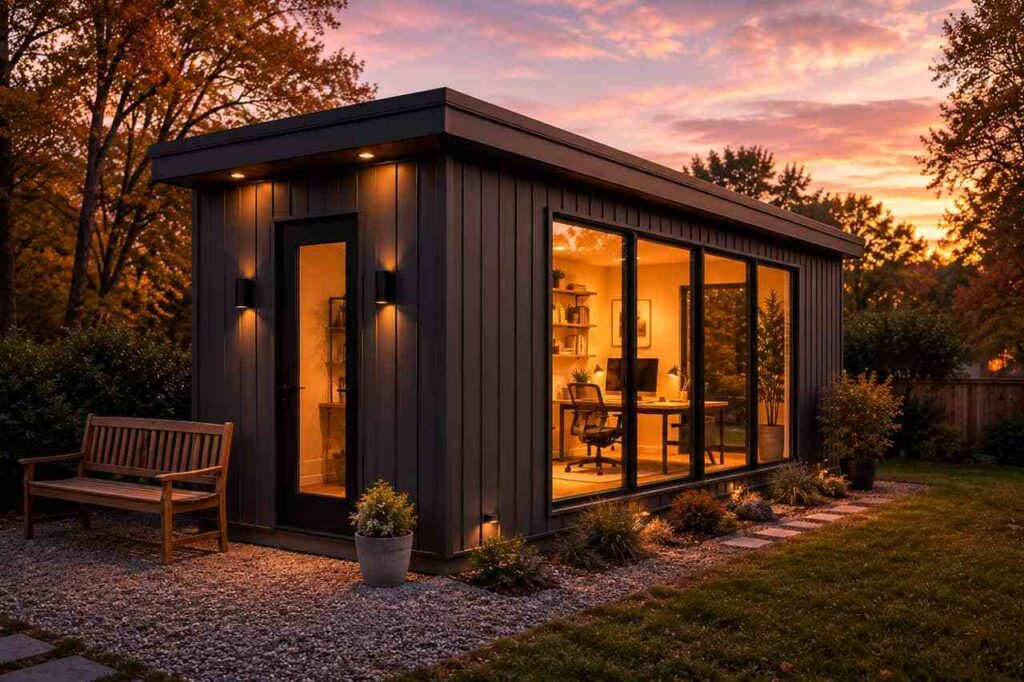 Charcoal steel building home office with glass wall glowing at autumn sunset