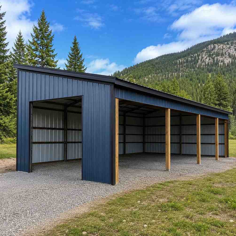 Charcoal steel structure with open bays and wood posts used as an equipment shelter