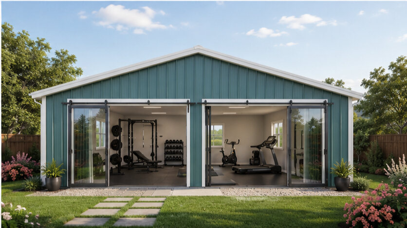Backyard prefab metal building gym in coastal teal with double barn doors and treadmill