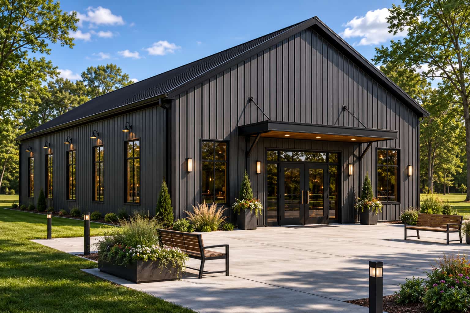 50x80 charcoal community hall with welcoming plaza