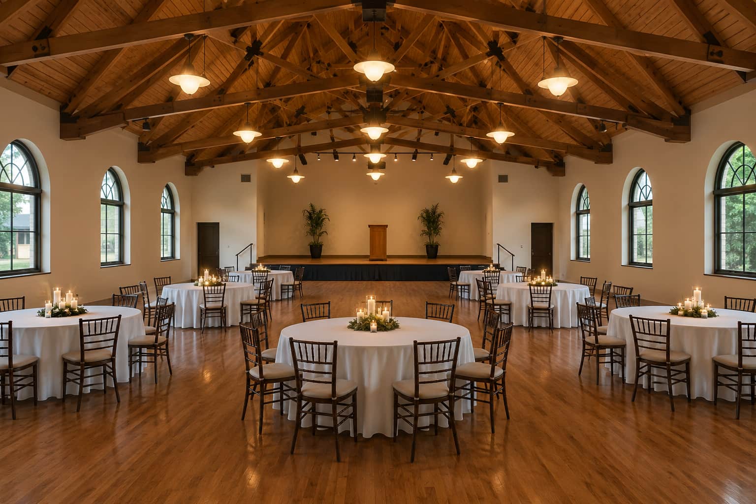 Interior of 50x80 community hall with round banquet tables