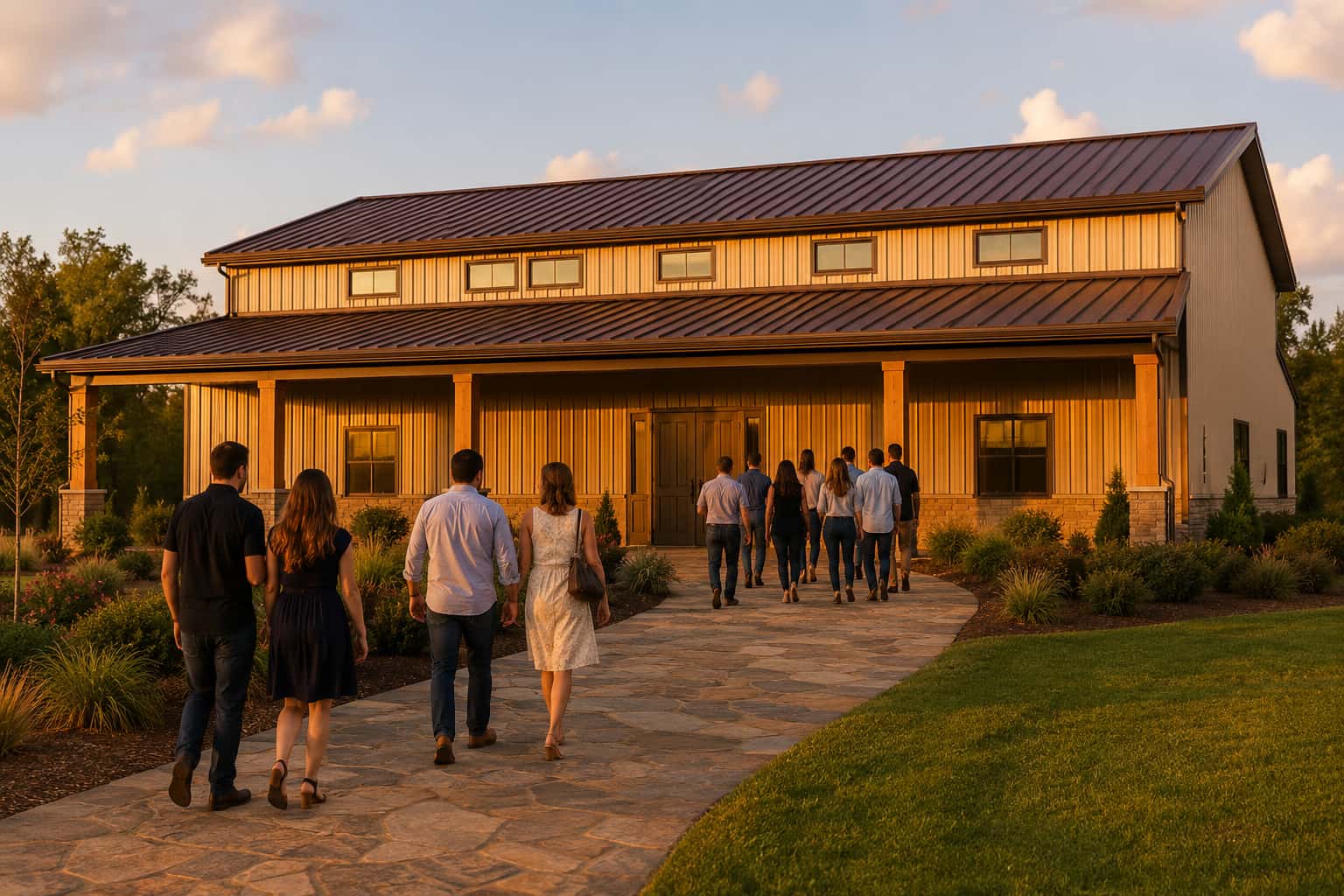 50x80 tan community hall at golden hour with arriving guests