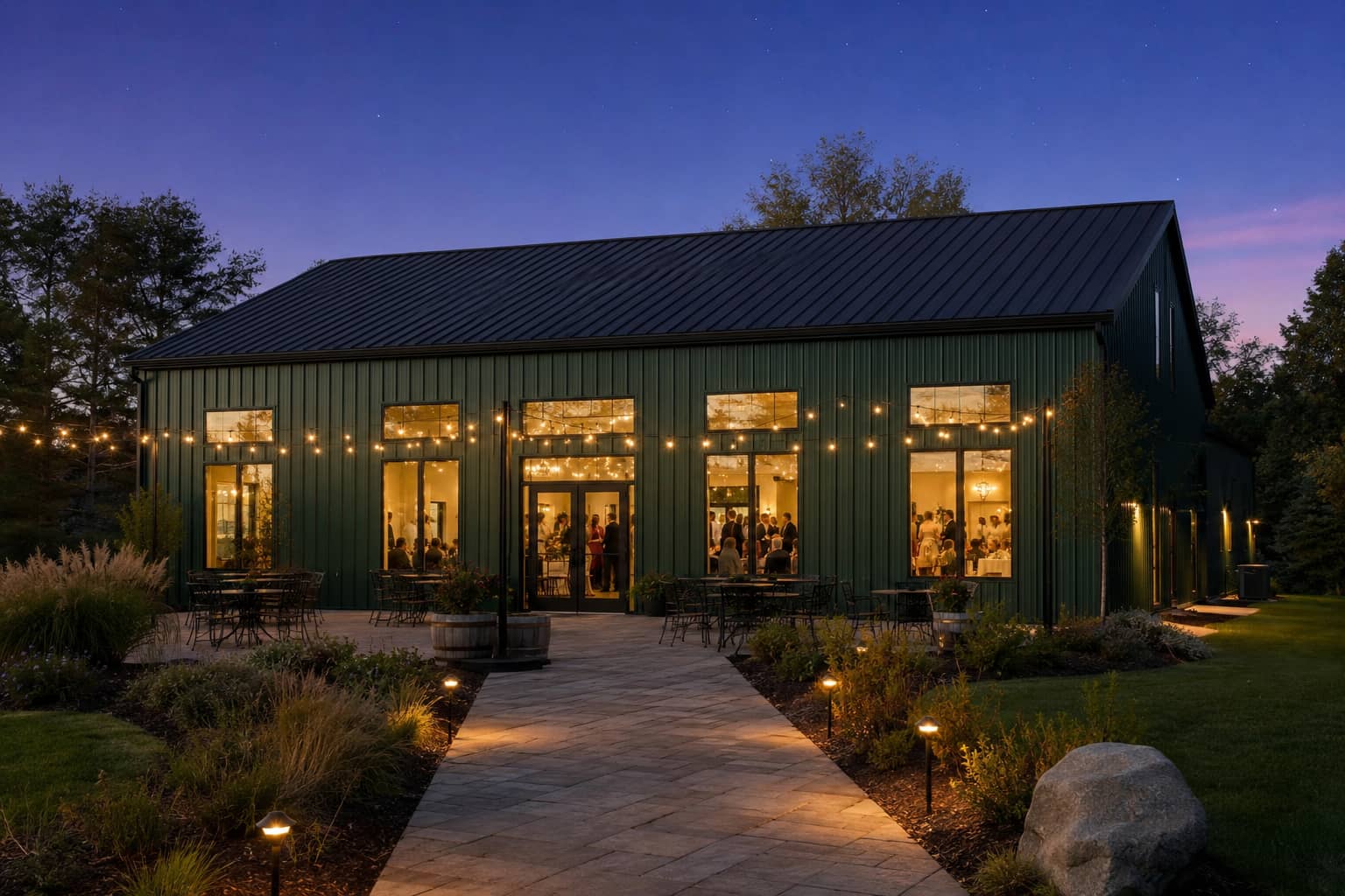 50x80 forest-green community hall at twilight with string lights