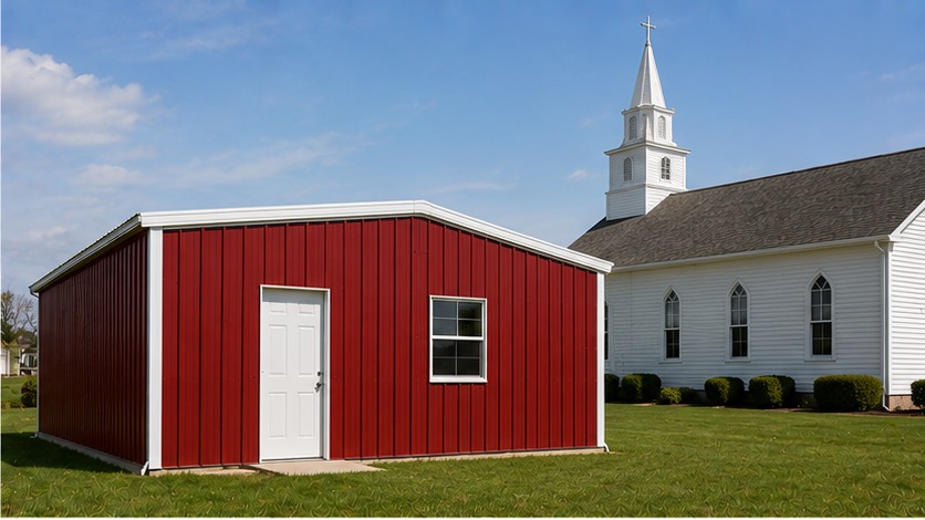 Barn red commercial metal building beside a white country church with tall steeple
