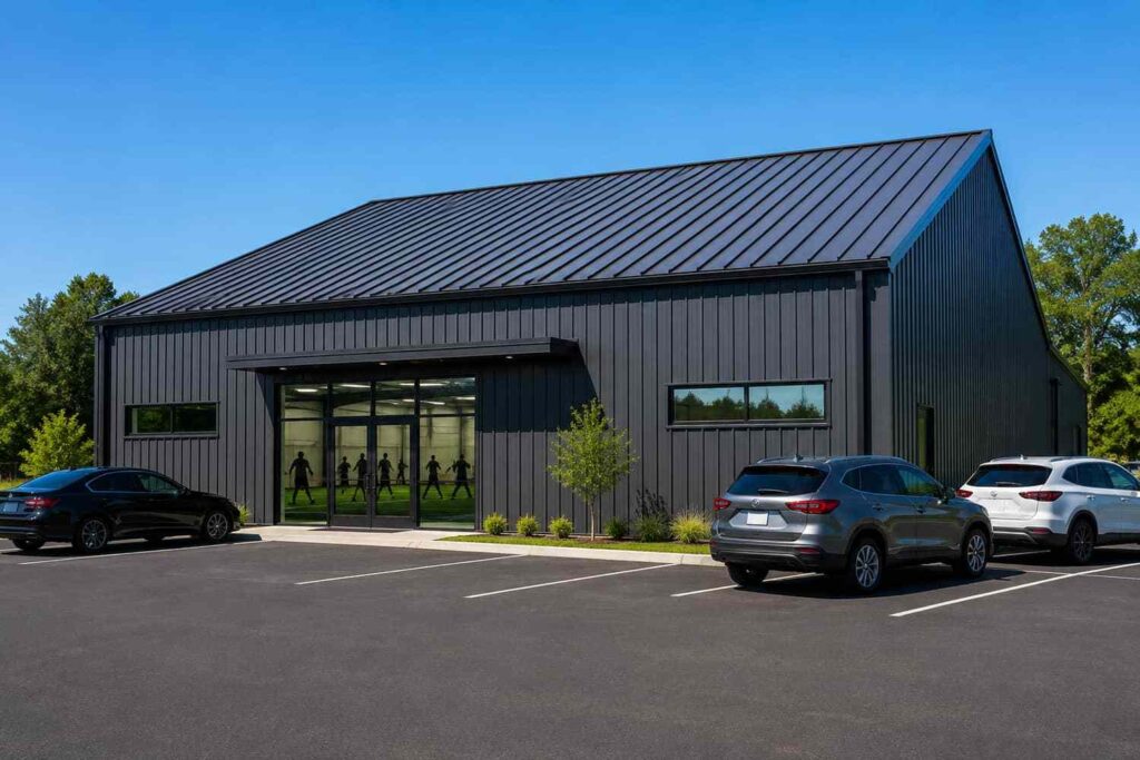 Black commercial metal building sports facility with glass entry and parked cars