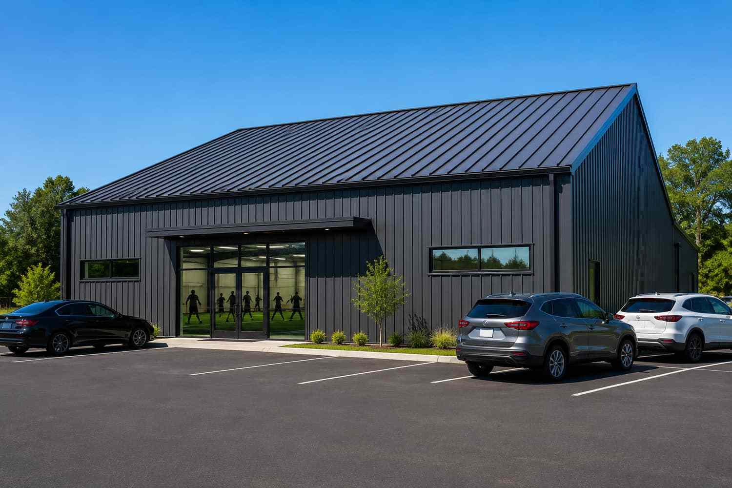 Black commercial metal building sports facility with glass entry and parked cars