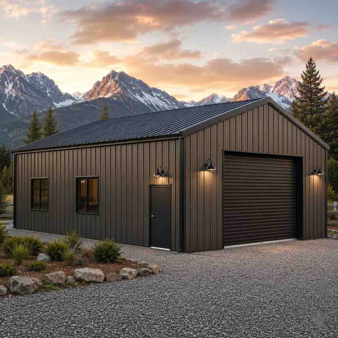 White metal carport with blue roof and attached garage sheltering a pickup by mountains