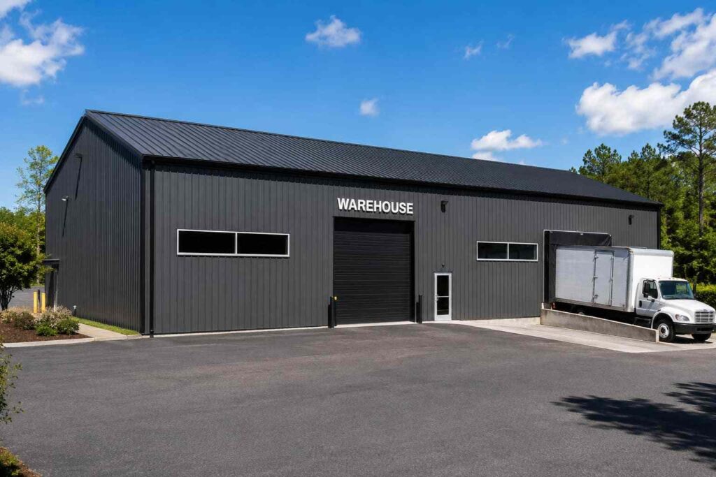 Charcoal commercial metal building warehouse with roll-up door and box truck at the loading dock