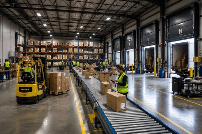 Fulfillment center interior of a commercial metal building with conveyor line, forklift, and racking