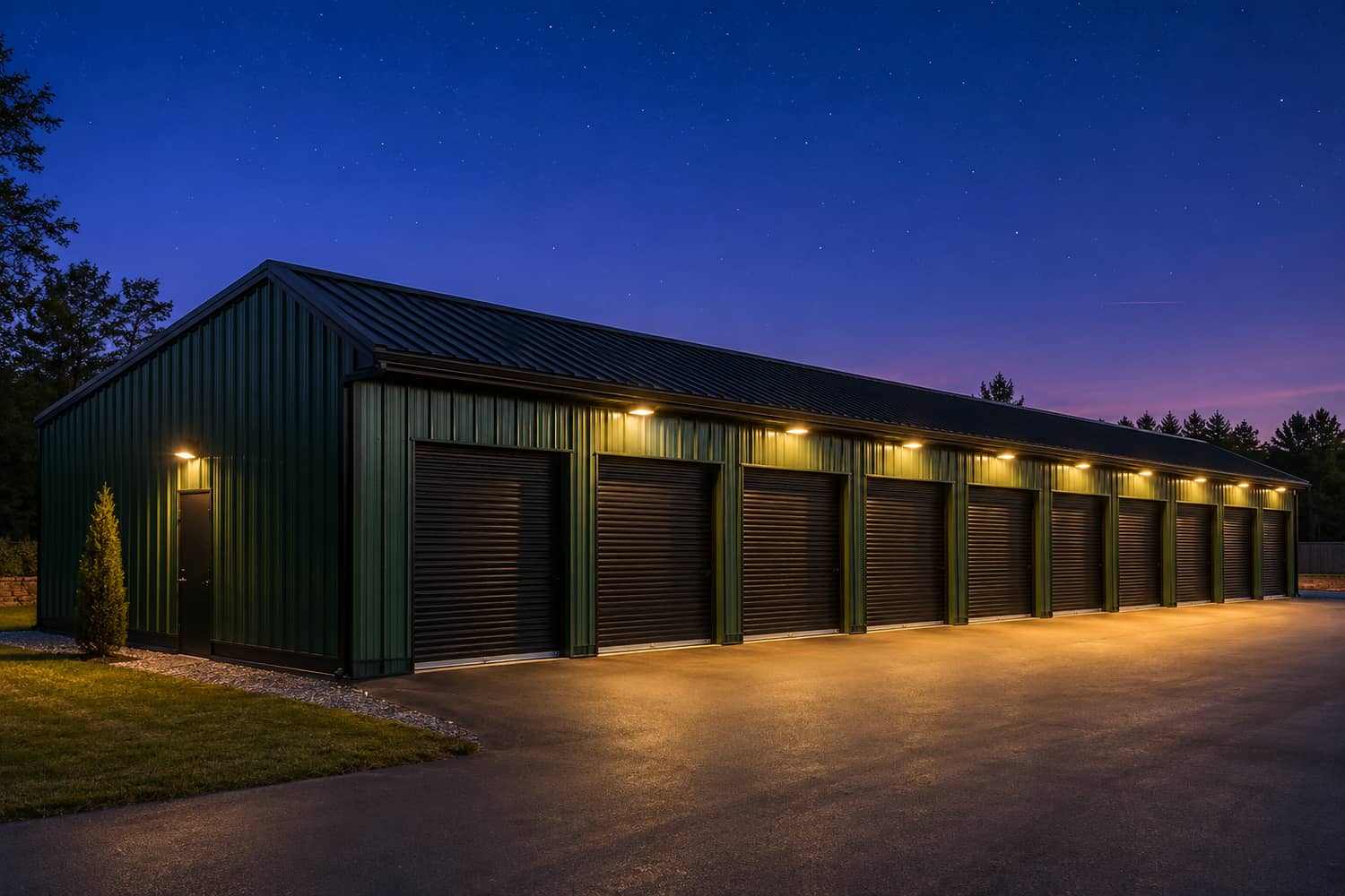 Forest green steel structure fleet garage at misty dawn with white vans staged on wet pavement