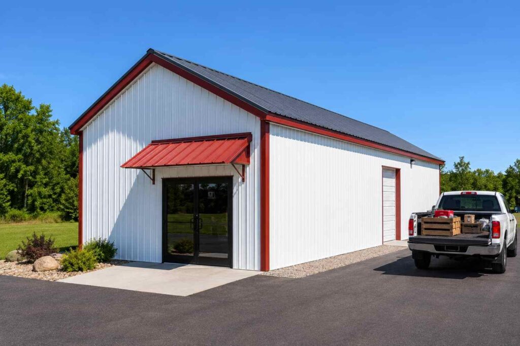 White commercial metal building with red awning over glass entry doors and a pickup loading crates
