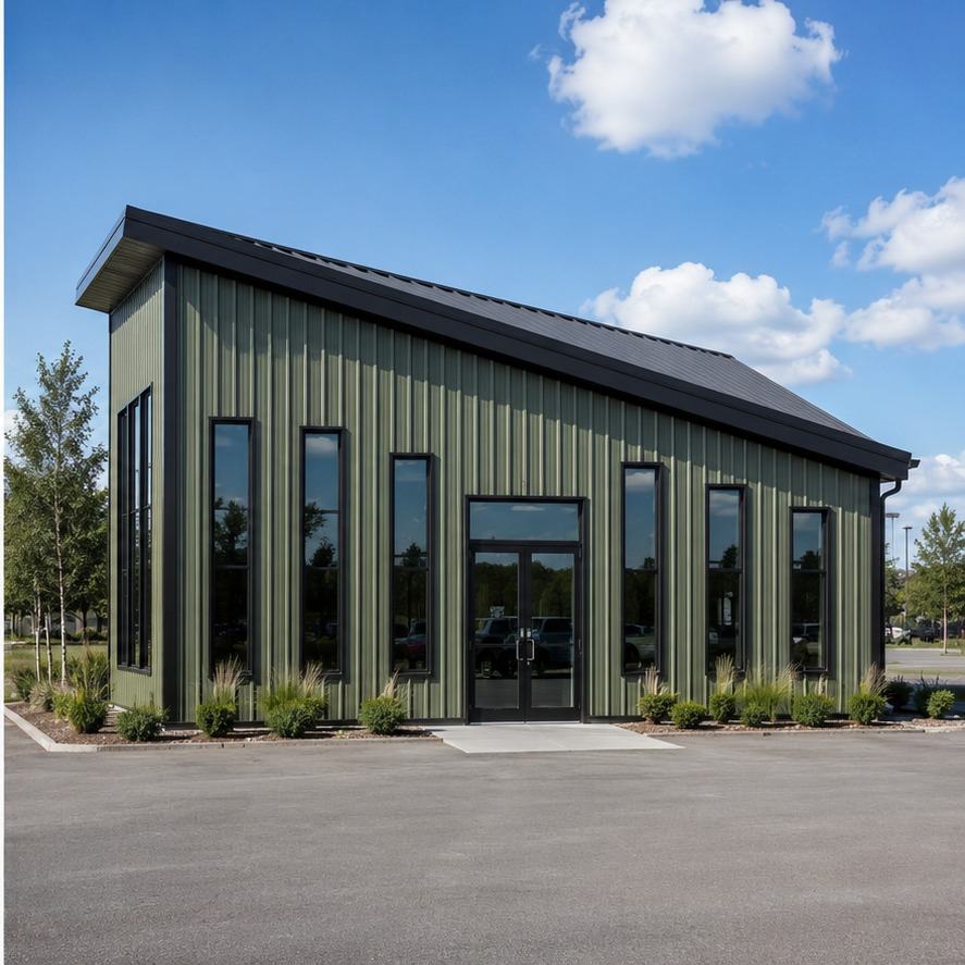 Sage green commercial metal building with single slope roof and tall glass entry