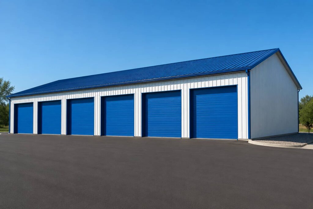 White commercial metal building with blue roof and six blue roll-up garage bays