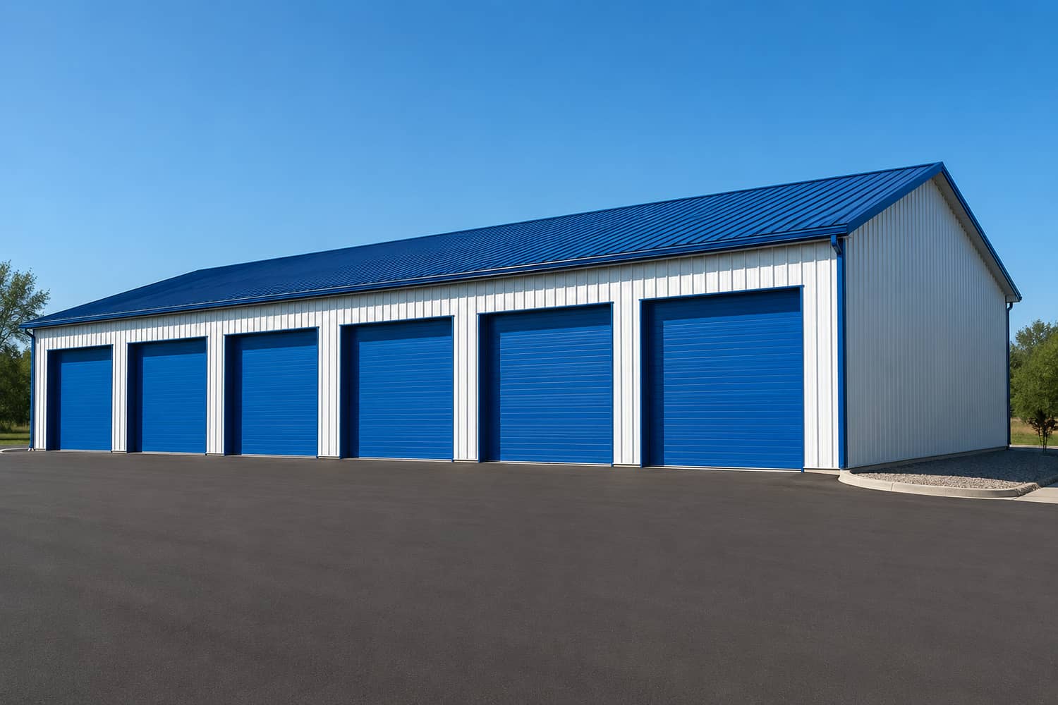 White commercial metal building with blue roof and six blue roll-up garage bays