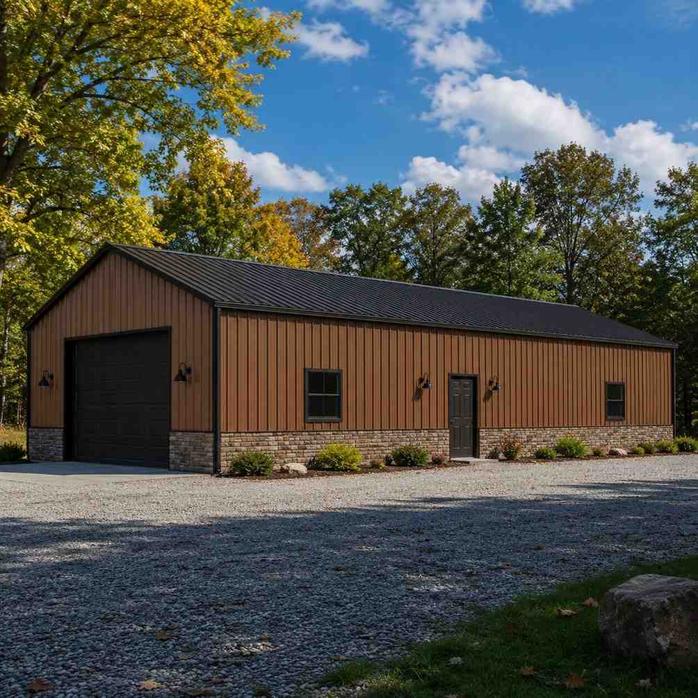 Copper brown steel garage with stone base, black sectional door and gooseneck lights in woods