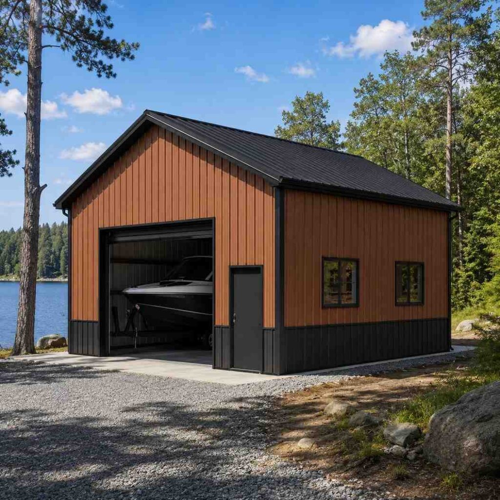 Copper metal garage with open roll-up door revealing a boat near lakeside pines