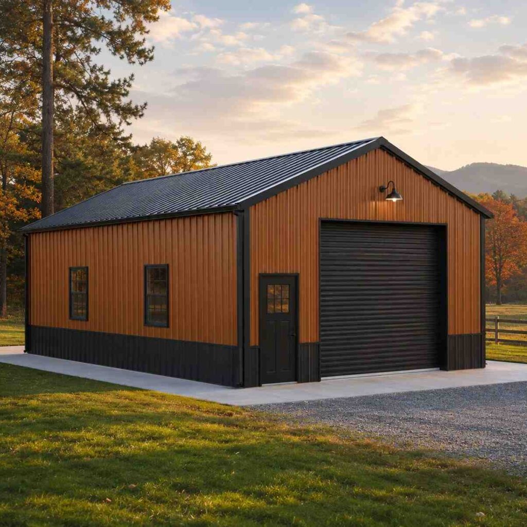 Copper-toned metal workshop with black wainscoting and roll-up door in autumn countryside