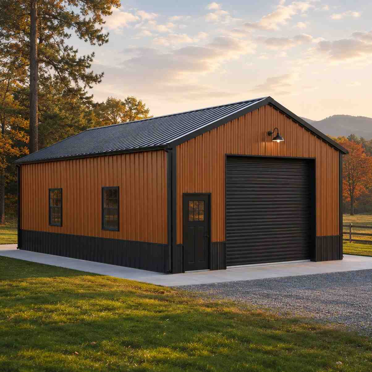 Copper-toned metal workshop with black wainscoting and roll-up door in autumn countryside