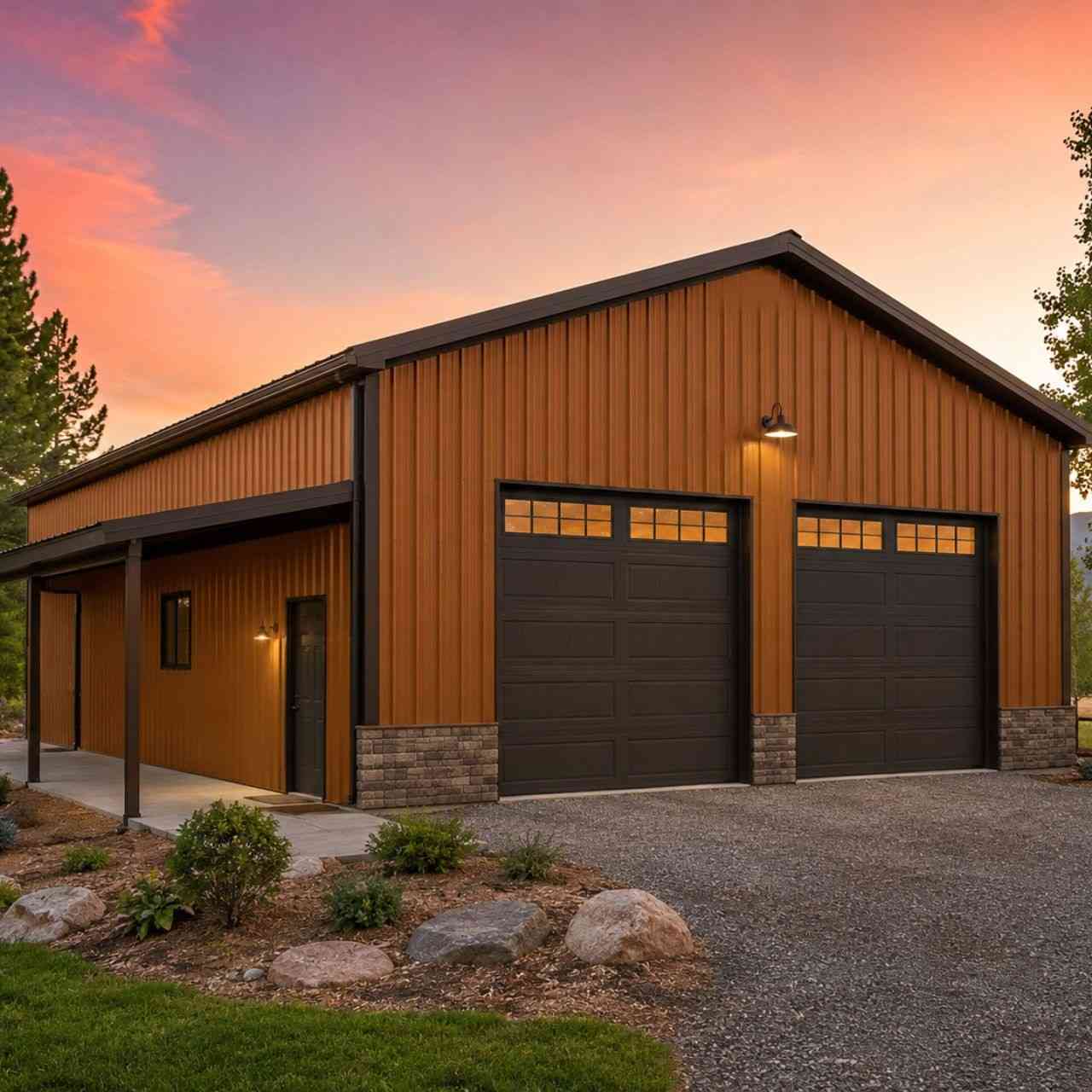Copper-tone steel garage with two windowed doors, covered porch, and stone accents at sunset