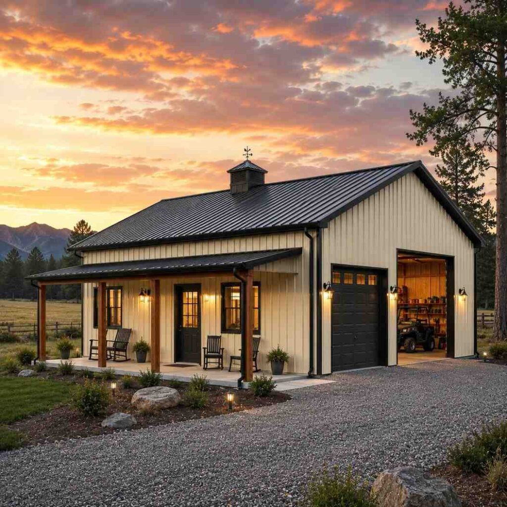 Cream metal building kit home with cupola, covered porch and lit garage at sunset