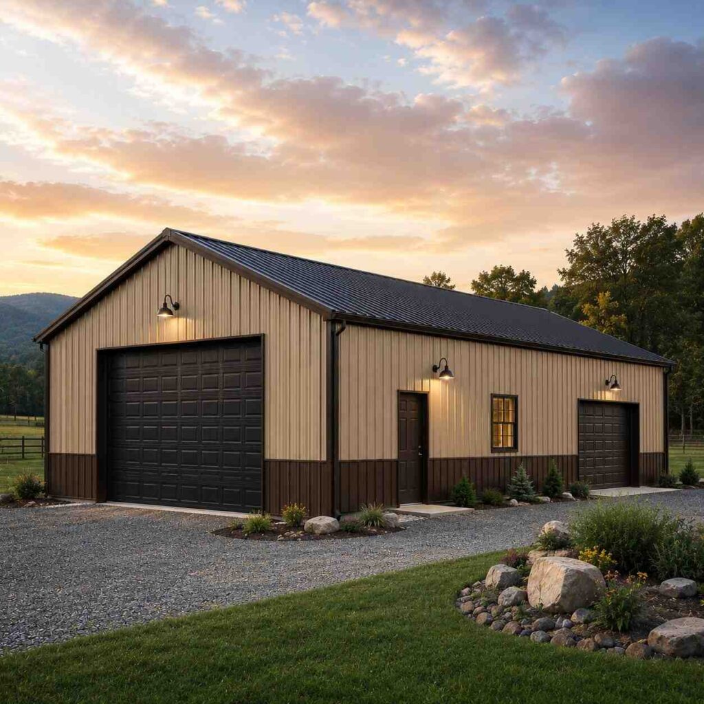 Cream metal garage with two brown sectional doors, wainscot and gooseneck lights at dusk