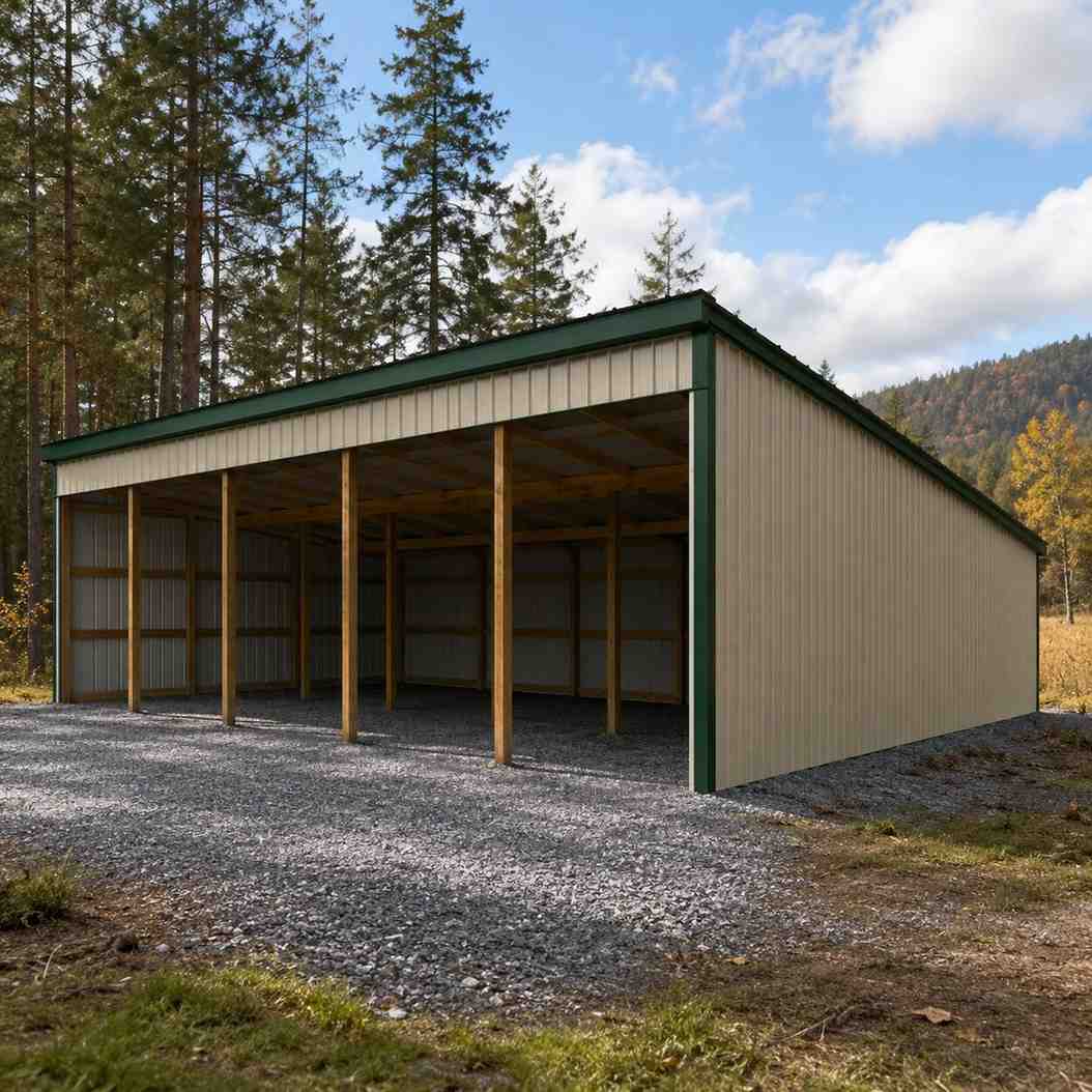 Cream metal shed with green trim and open front bays in pine forest