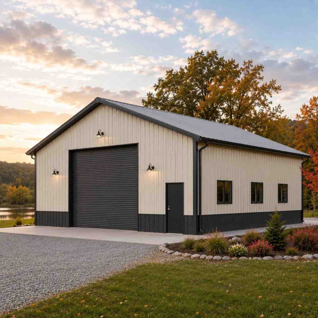 Cream metal workshop with black wainscot and roll-up door surrounded by autumn trees