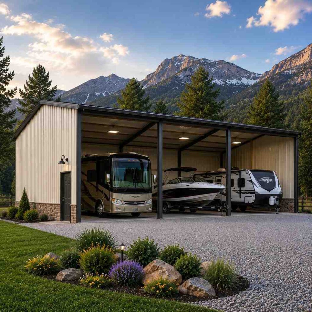 Cream rv metal cover with open bays protecting a motorhome, boat and travel trailers below mountains