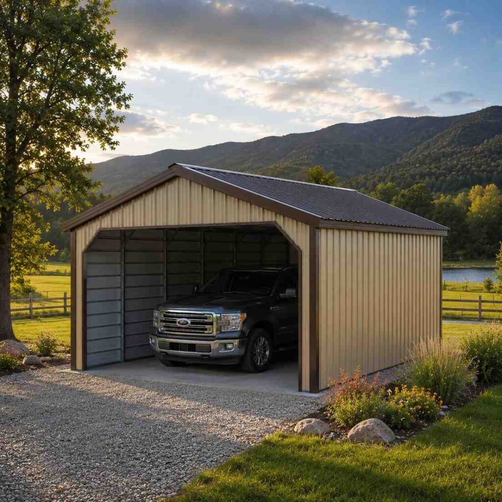 Cream steel carport with open front sheltering a black truck on a valley farm