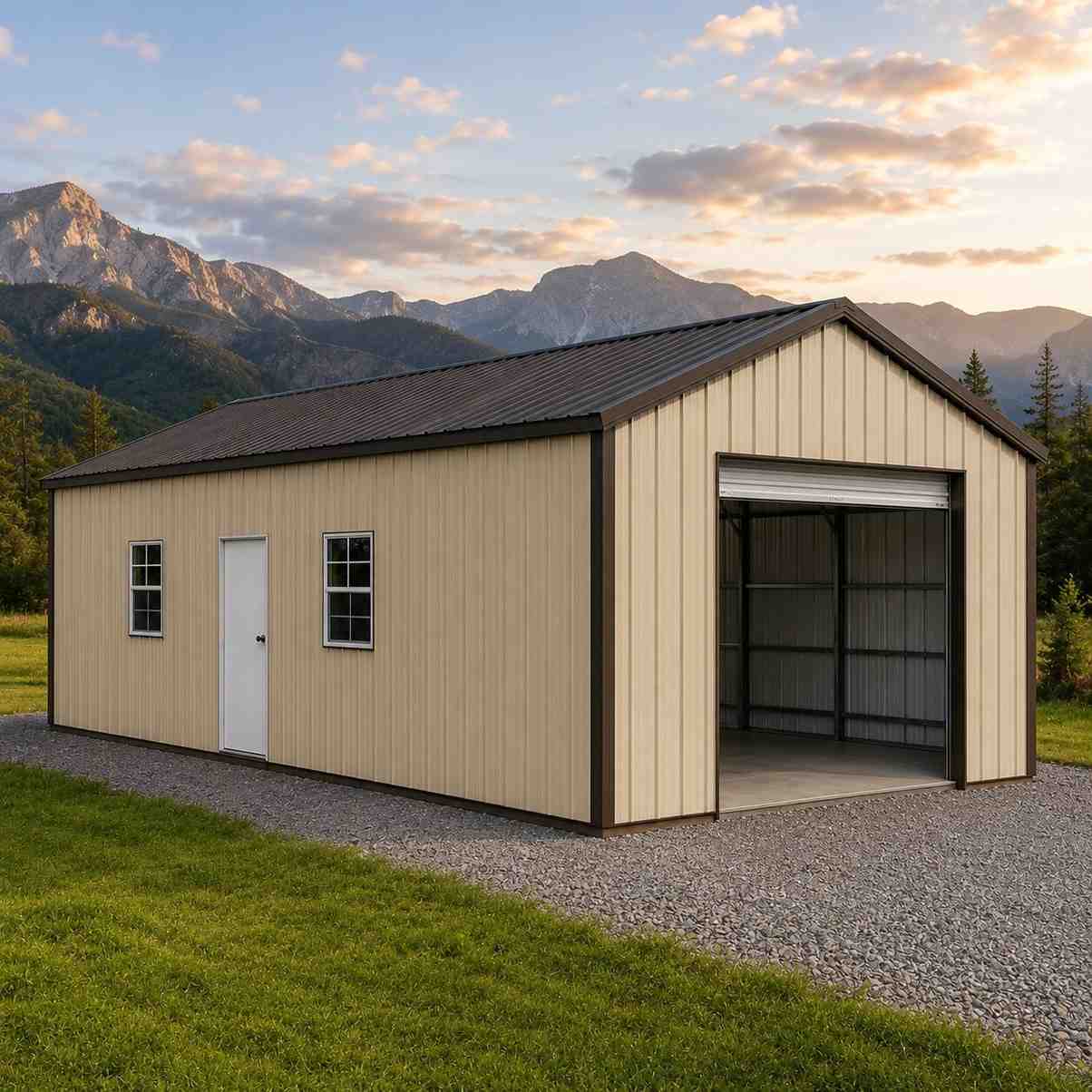 Cream steel structure with open roll-up door and brown trim in an alpine meadow