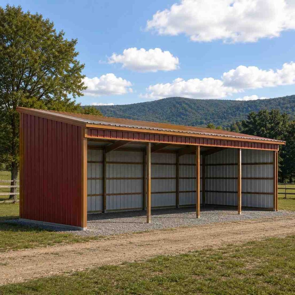 Crimson metal shed with open bays and wood posts as a loafing shelter in hill country