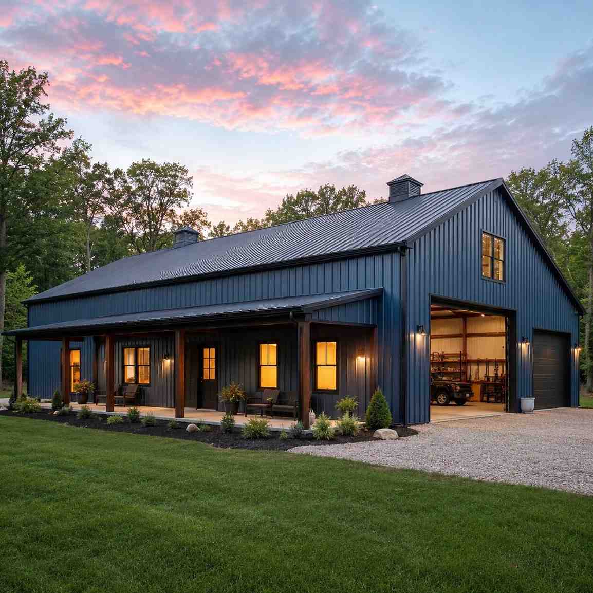 Tan metal shed with green roof and open front bays as a lakeside loafing shelter