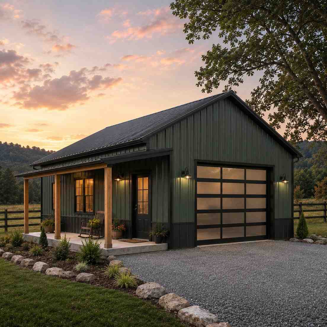 Dark green metal building with glass garage door and timber porch glowing at sunset