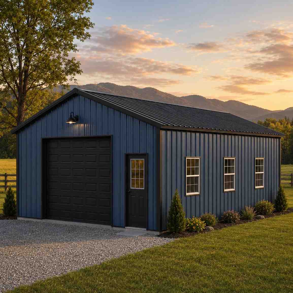 Denim blue metal building kit with black garage door and white trim windows at sunset