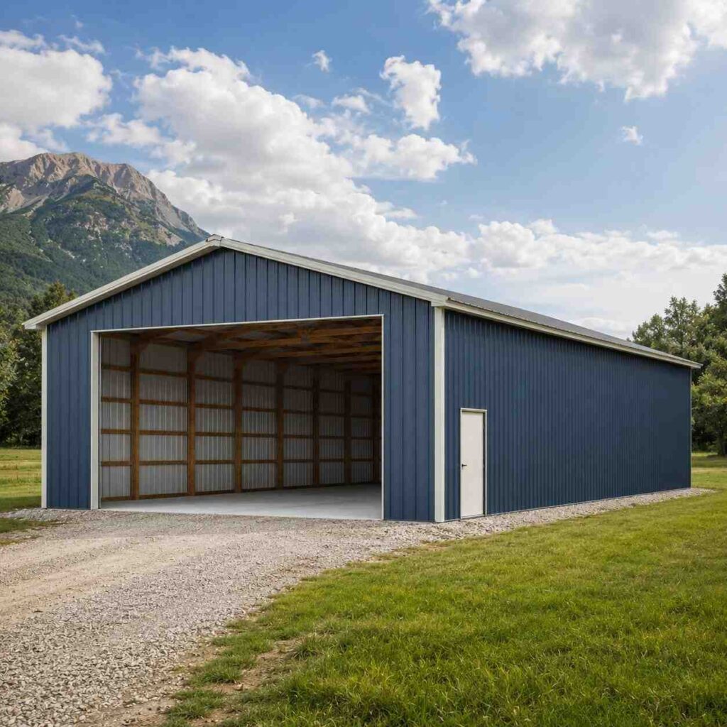 Denim blue prefab metal building with wide open bay at the base of a mountain