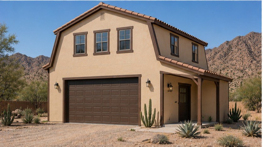 Desert tan metal building garage apartment with brown overhead door and cactus landscaping