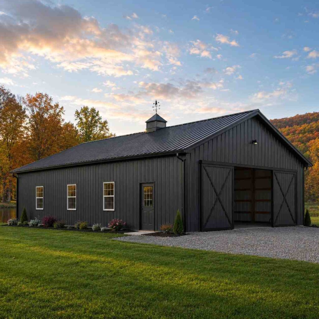 Ebony steel barn with cupola, weathervane and sliding X-brace doors among autumn trees
