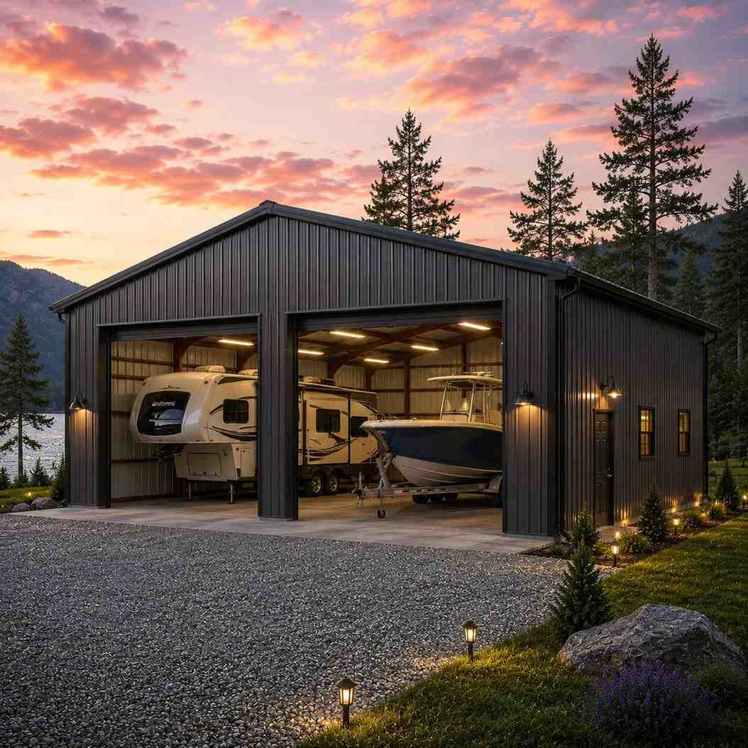 Espresso brown steel building with tall open bays storing a fifth-wheel RV and center console boat