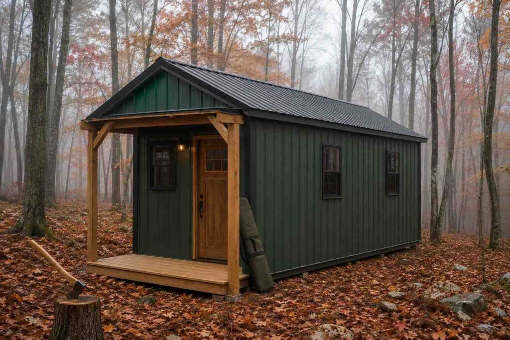 Forest green metal building cabin with wood porch posts in a foggy autumn forest
