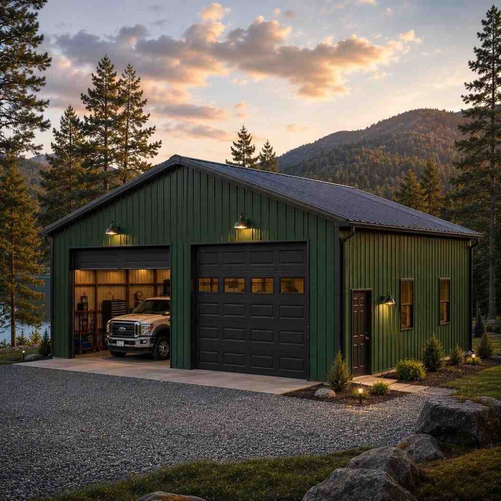 Forest green metal garage with open bay holding a pickup truck beside tall evening pines