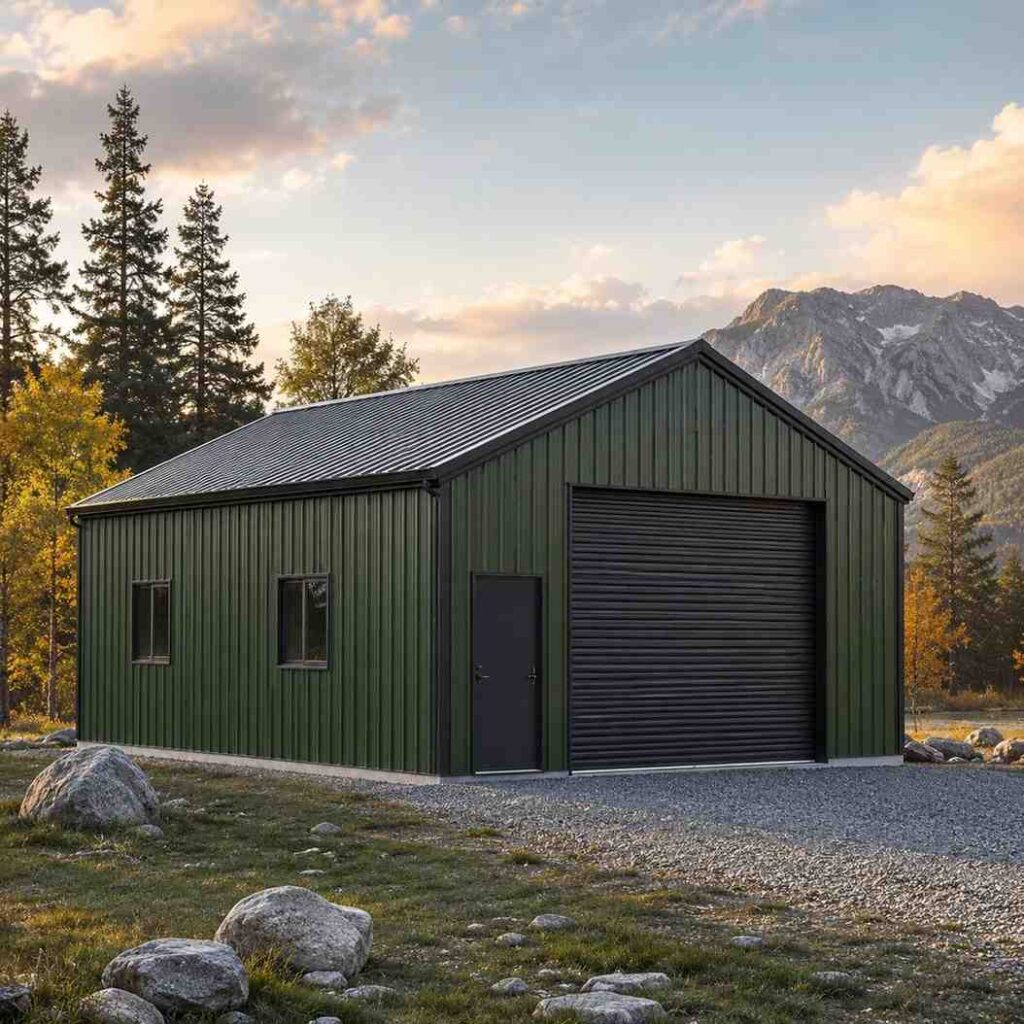 Forest green metal workshop with black roll-up door framed by alpine peaks, steel building exterior