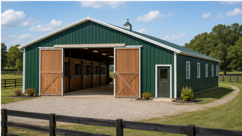 Forest green steel barn with open sliding doors, center aisle stalls, and fenced drive