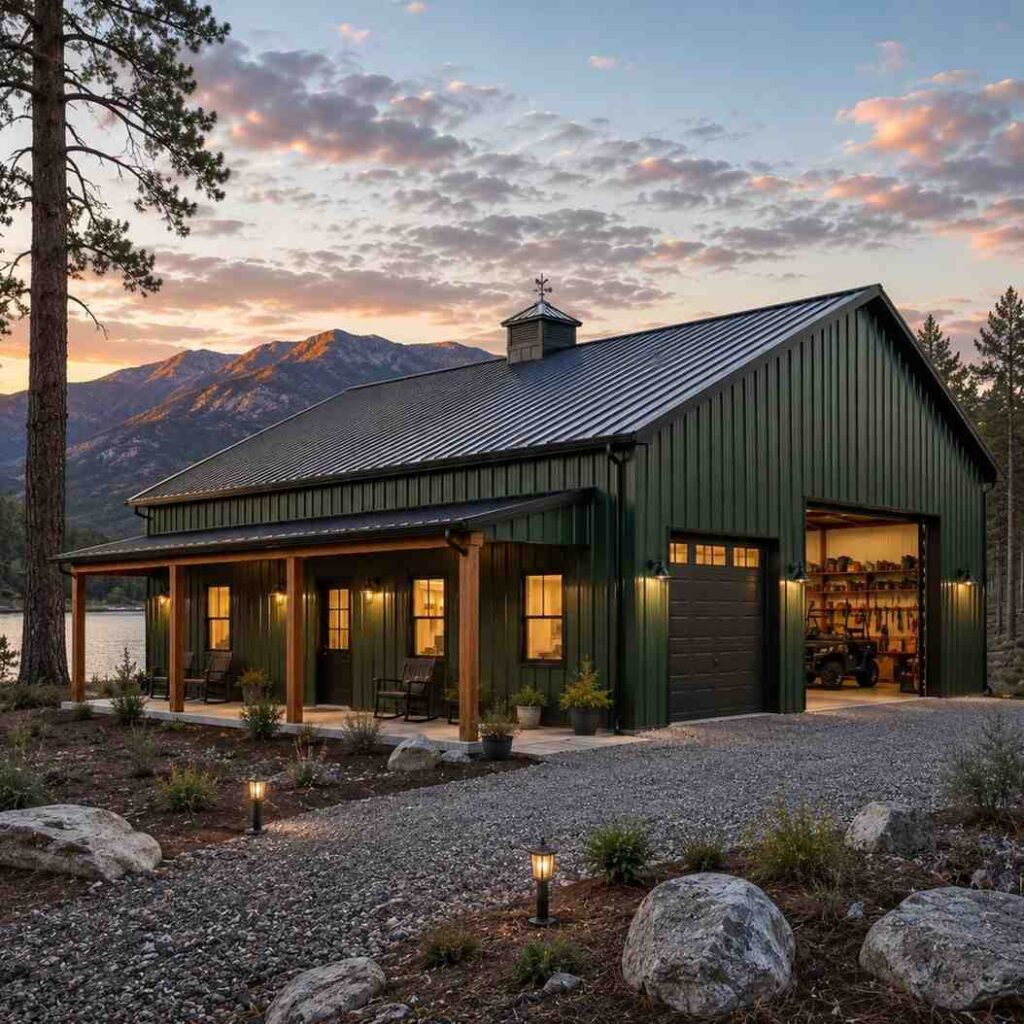 Forest green steel building with cupola, covered porch and garage bay beside a mountain lake