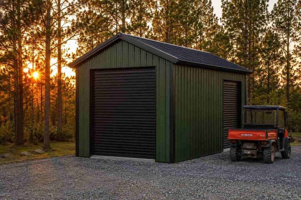 Forest green steel garage with black roll-up doors and Kubota utility vehicle at sunset