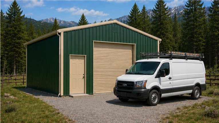 Forest green steel structure with cream doors and cargo van among evergreens and mountains