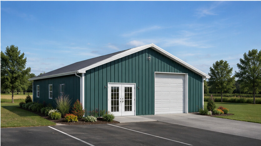 Forest teal metal building with white roll-up door and french doors beside paved parking