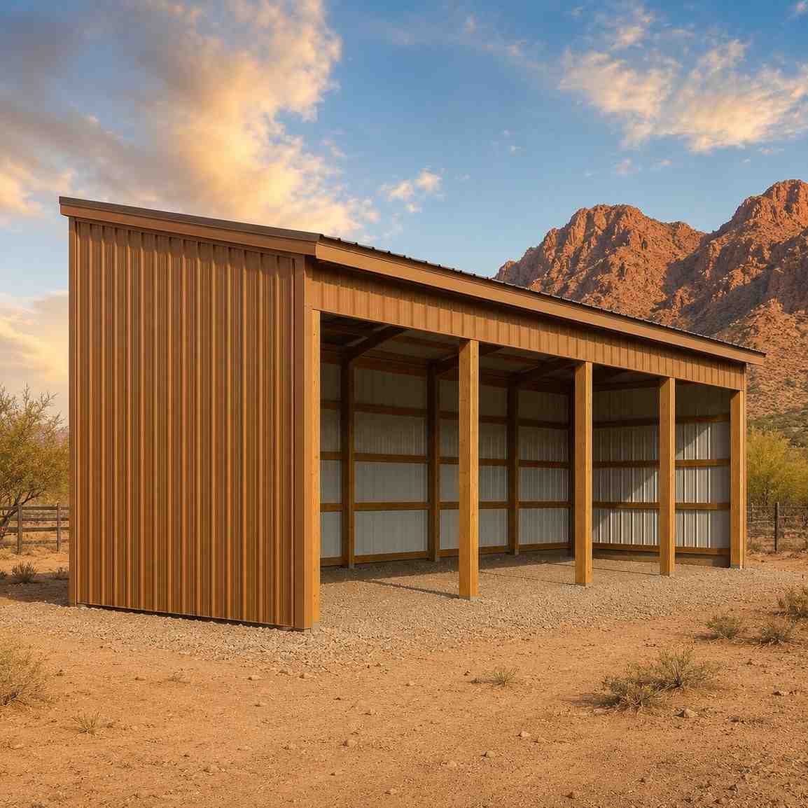 Golden brown metal shed loafing shelter with open bays in red rock desert