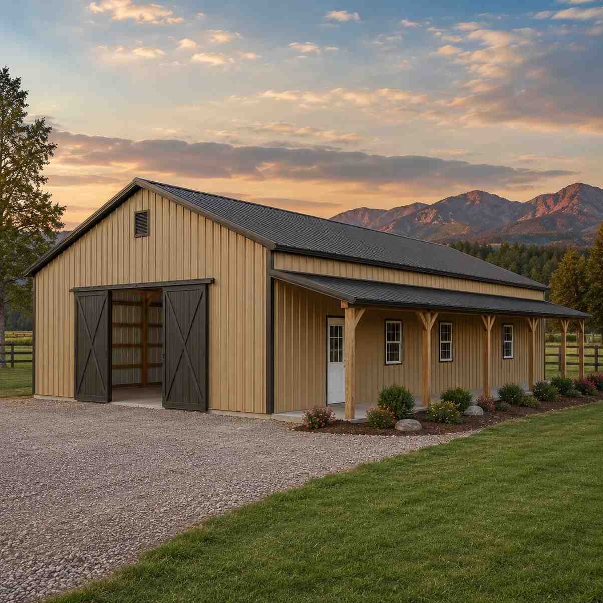 Golden steel barn with sliding doors and long timber porch on a mountain ranch